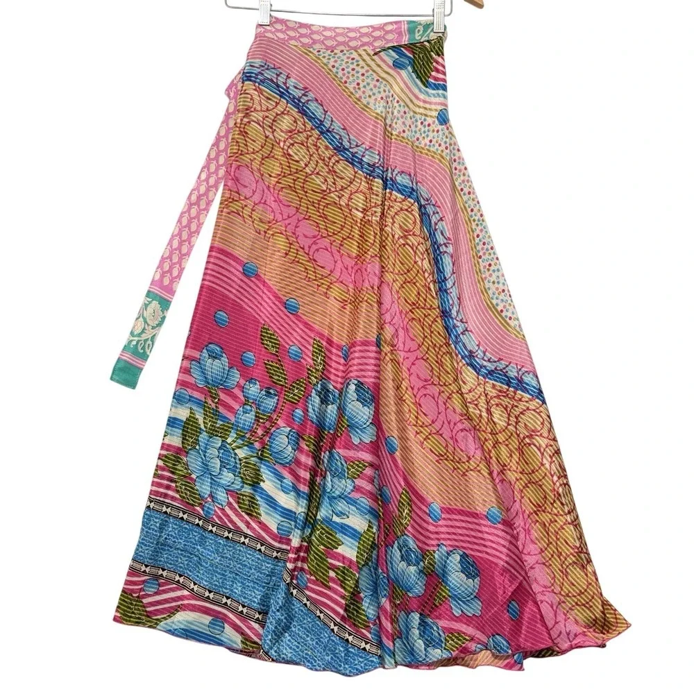 Art To Wear Vintage Silk Sari Magic Wrap Skirt Reversible Hippie Sarong Beach OS - Picture 3 of 7